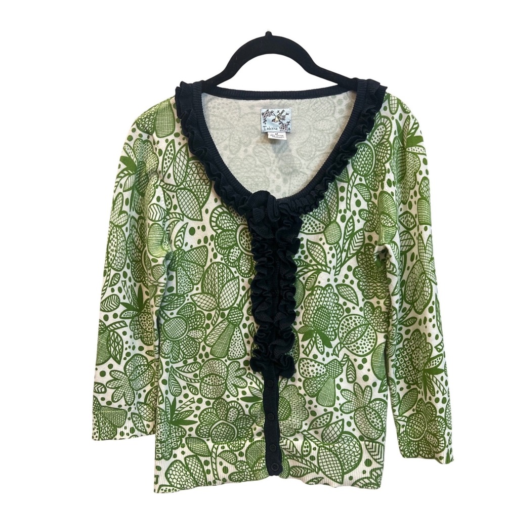 Tabitha Women's Green Floral Print Cardigan Sweater with Ruffle‎ Trim Size M
